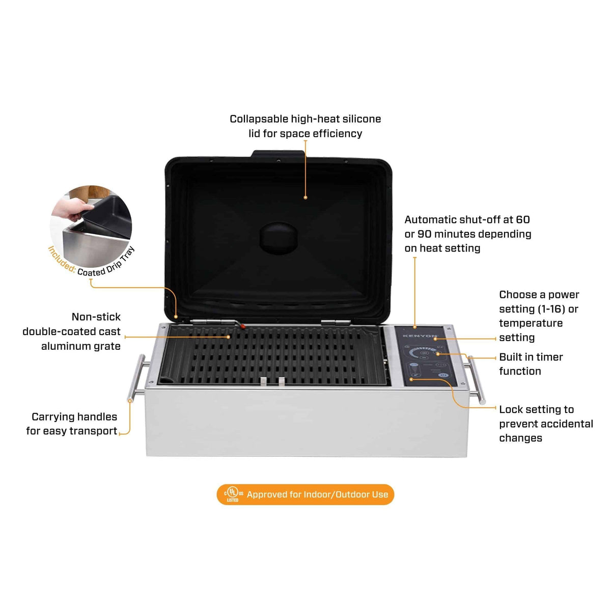 Kenyon SilKEN 21-Inch Portable Electric Grill - 120V Single Burner with IntelliKEN Touch Control