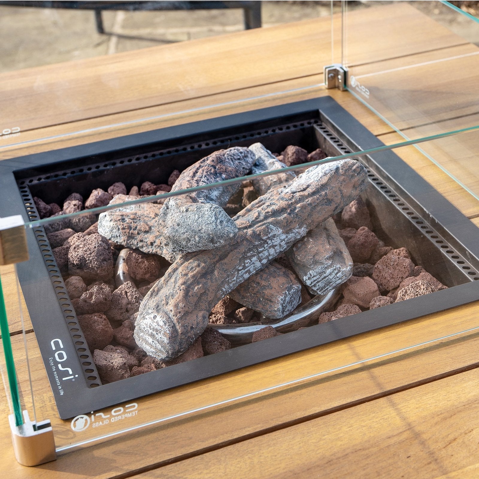 Cosi Cosiloft 100 Square Gas Fire Pit Coffee Table, Black Frame with Teak Top