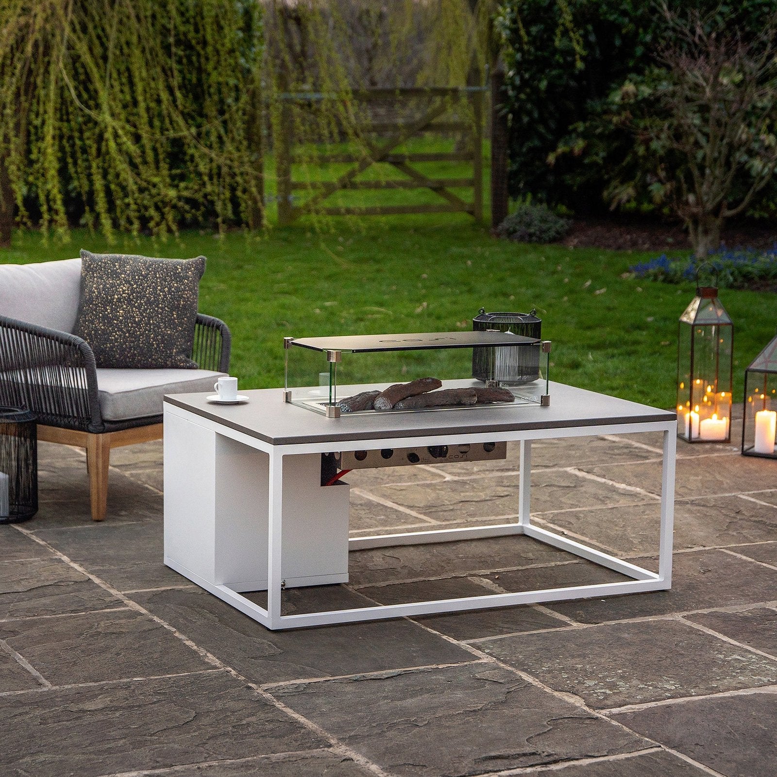 Cosi Cosiloft 120 Rectangular Gas Fire Pit Coffee Table, White Frame with Concrete-Effect Top