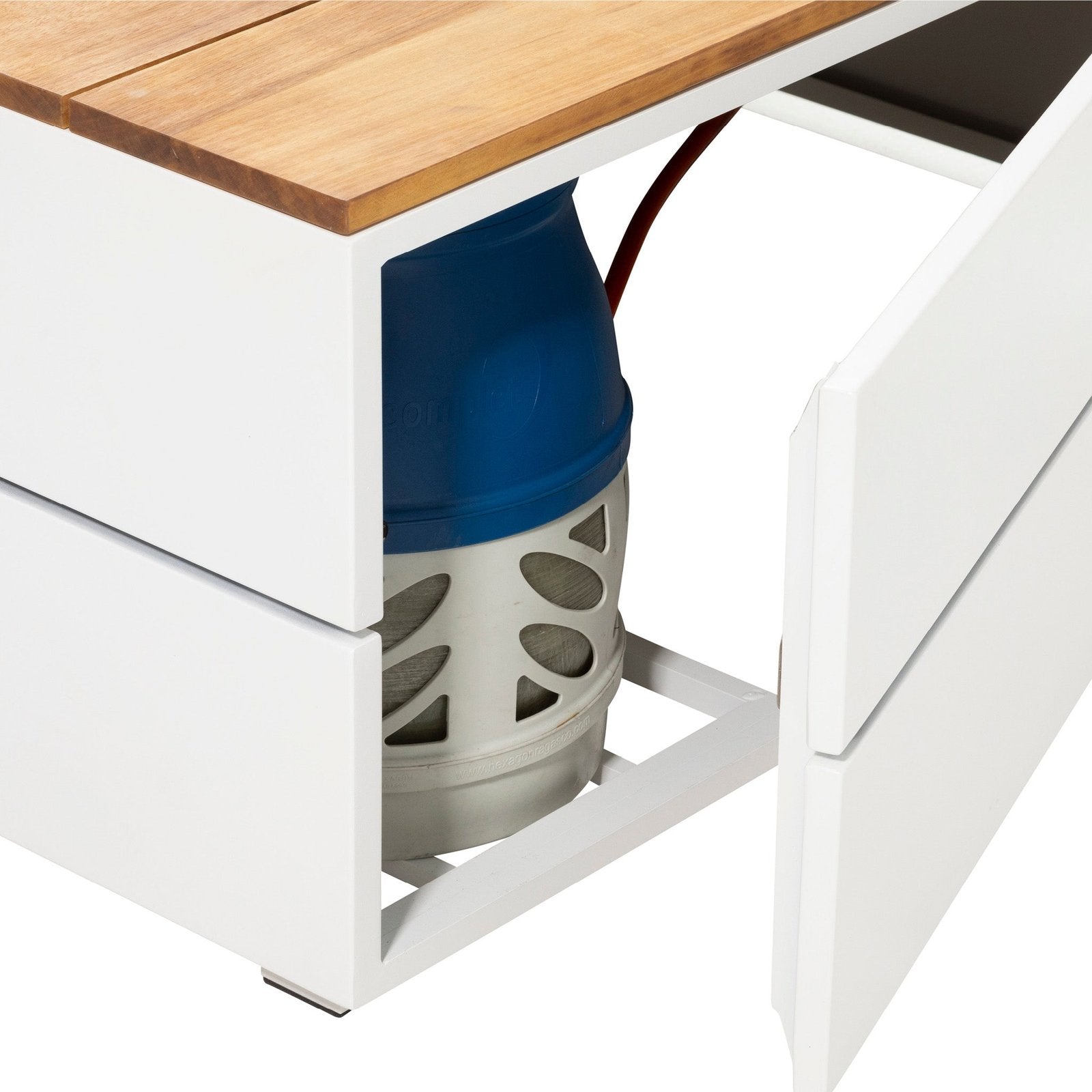 Cosi Cosipure 100 Square Gas Fire Pit Table, White Aluminum with Teak Top