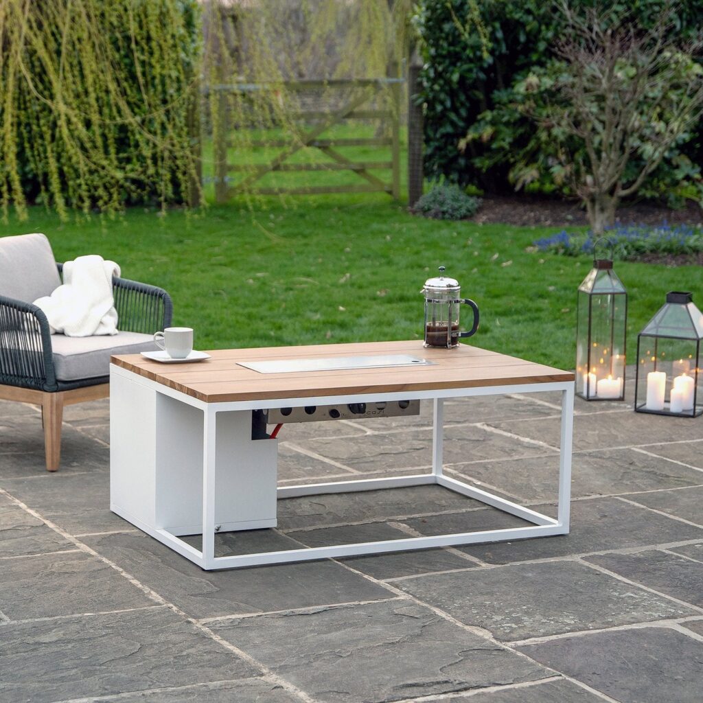Cosi Cosiloft 120 Rectangular Gas Fire Pit Coffee Table, White Frame with Teak Top