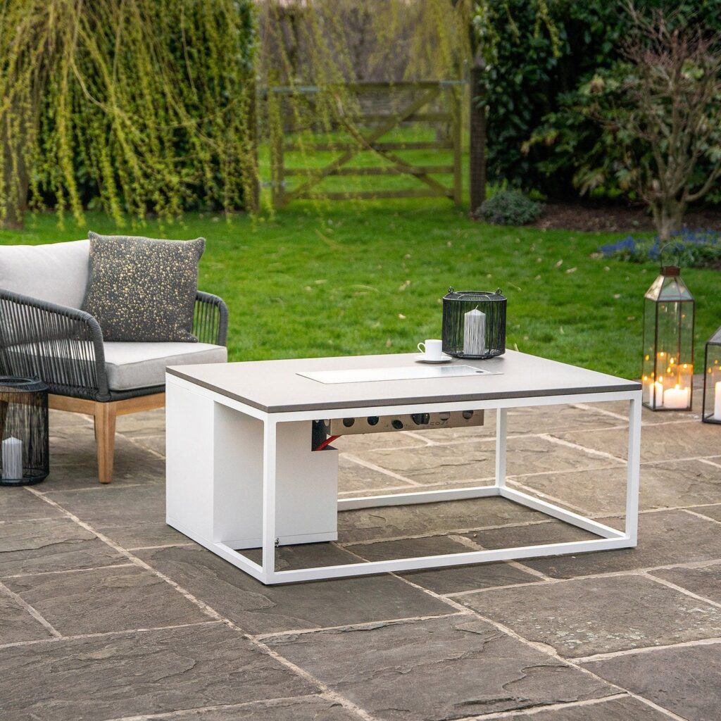Cosi Cosiloft 120 Rectangular Gas Fire Pit Coffee Table, White Frame with Concrete-Effect Top