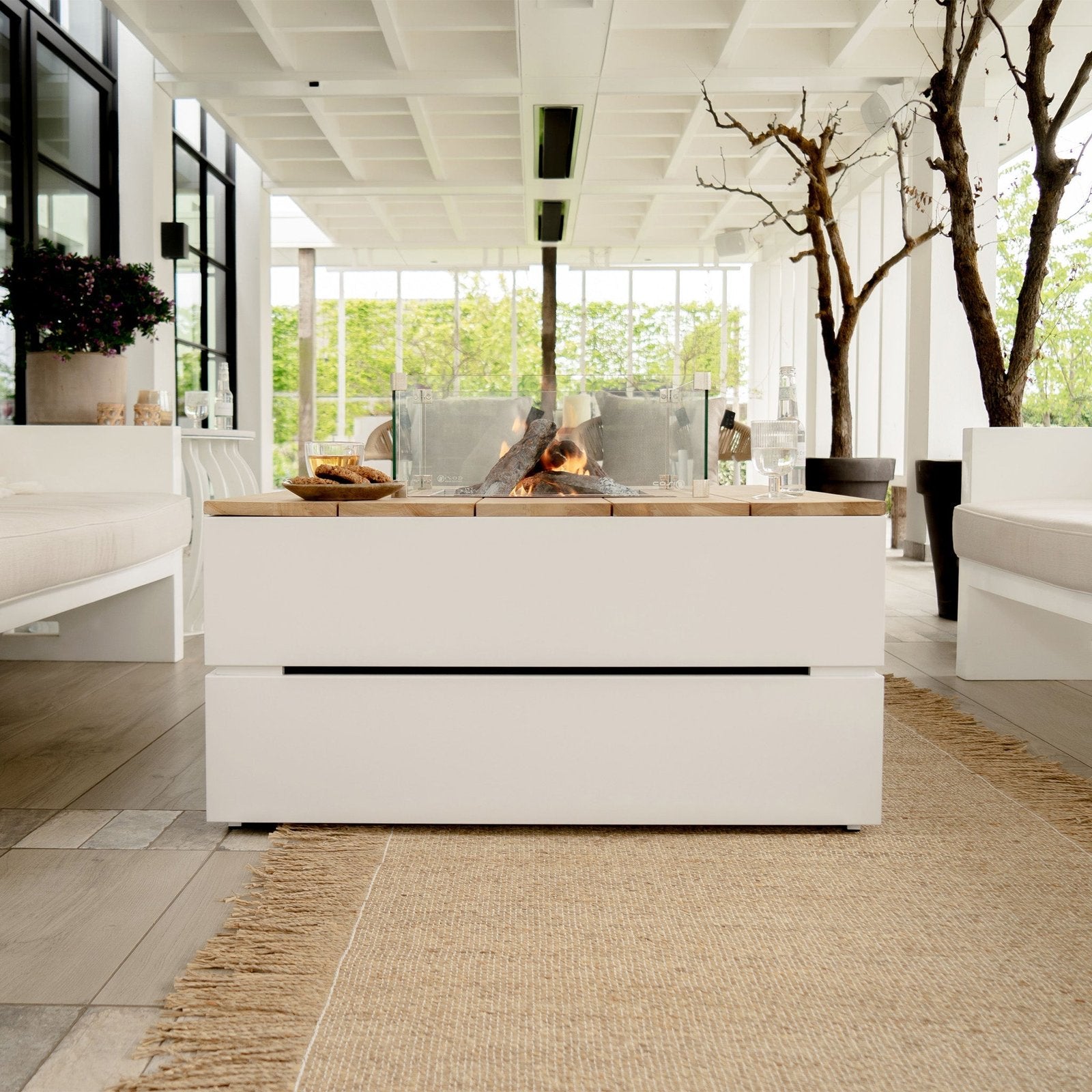 Cosi Cosipure 100 Square Gas Fire Pit Table, White Aluminum with Teak Top