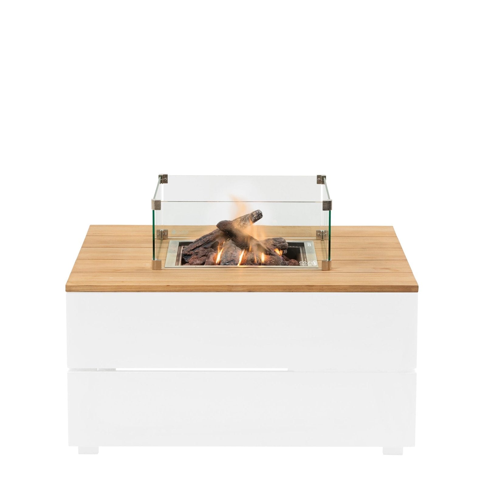 Cosi Cosipure 100 Square Gas Fire Pit Table, White Aluminum with Teak Top