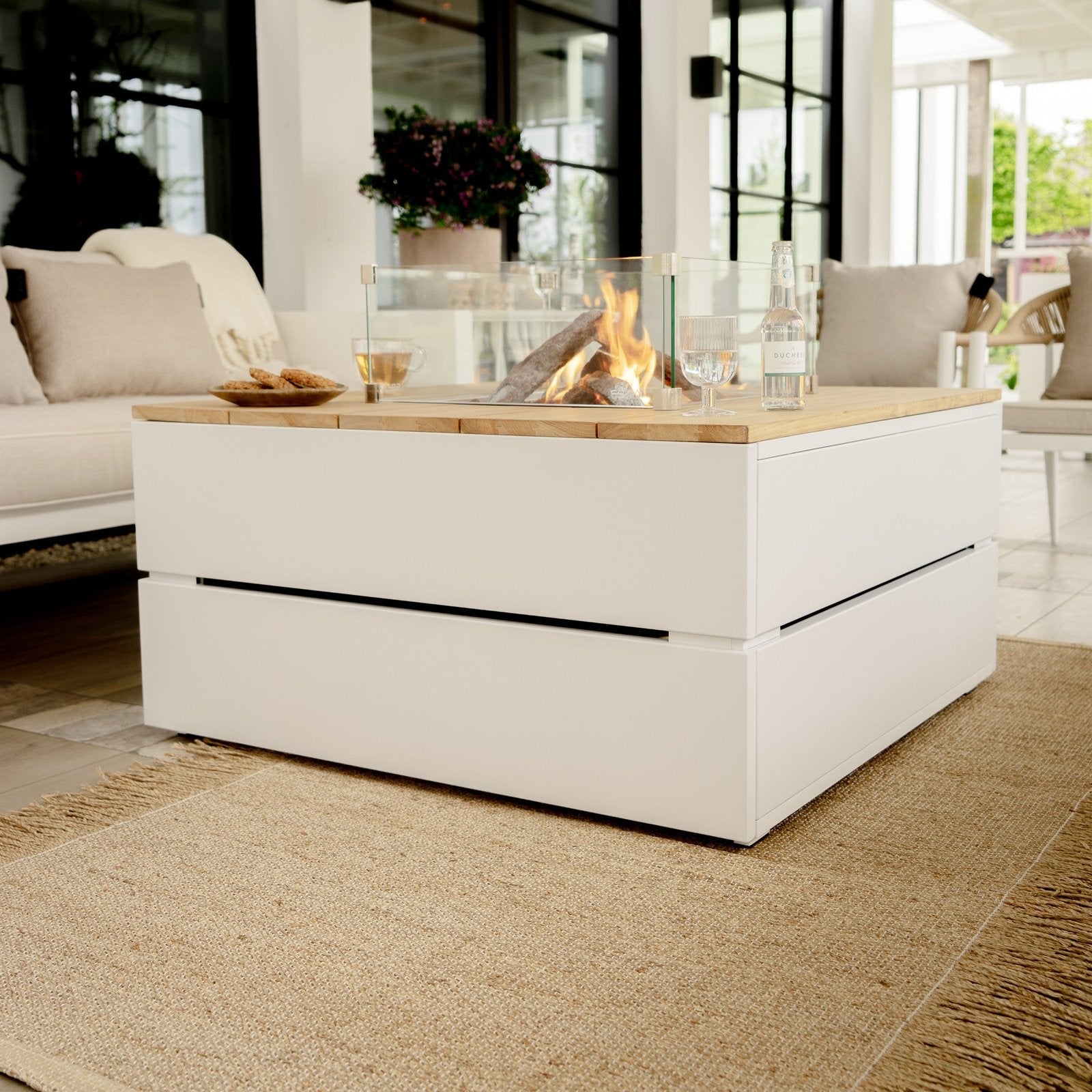 Cosi Cosipure 100 Square Gas Fire Pit Table, White Aluminum with Teak Top