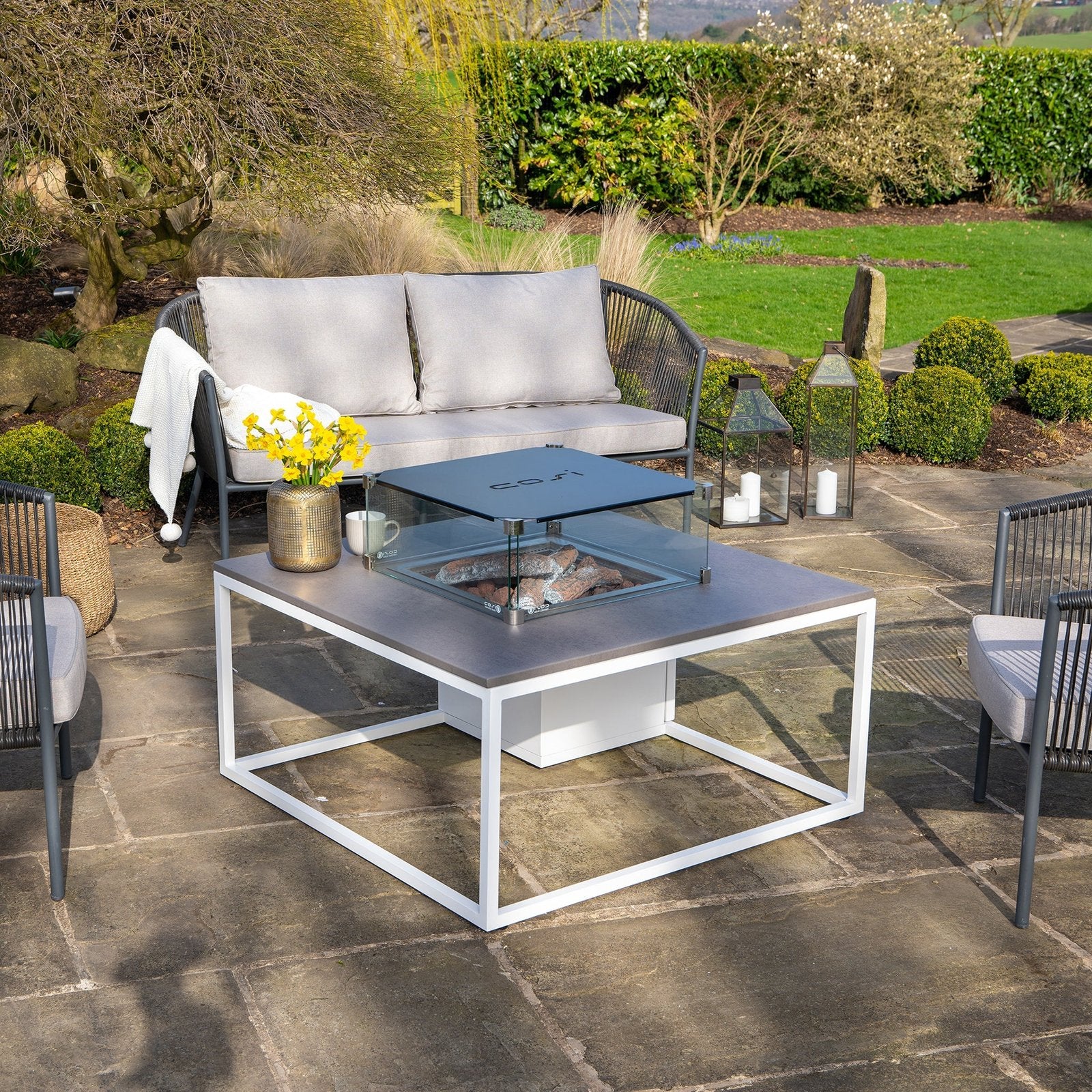 Cosi Cosiloft 100 Square Gas Fire Pit Coffee Table, White Frame with Grey Top