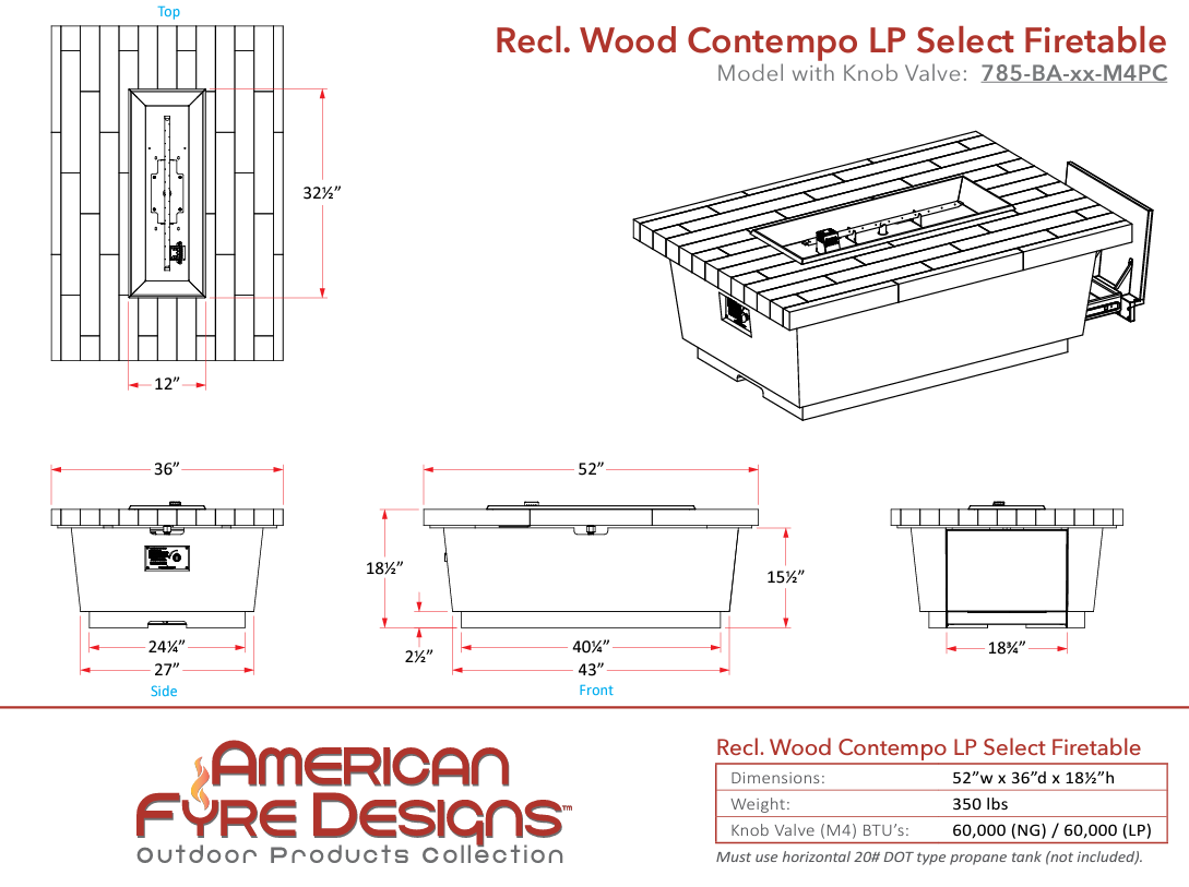 American Fyre Designs Contempo LP Select 52" x 36" Concrete Fire Table