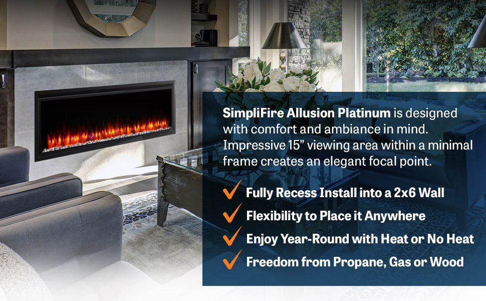 SimpliFire Allusion Platinum 60" Wall Mount/Recessed Linear Electric Fireplace (Model SF-ALLP60-BK)