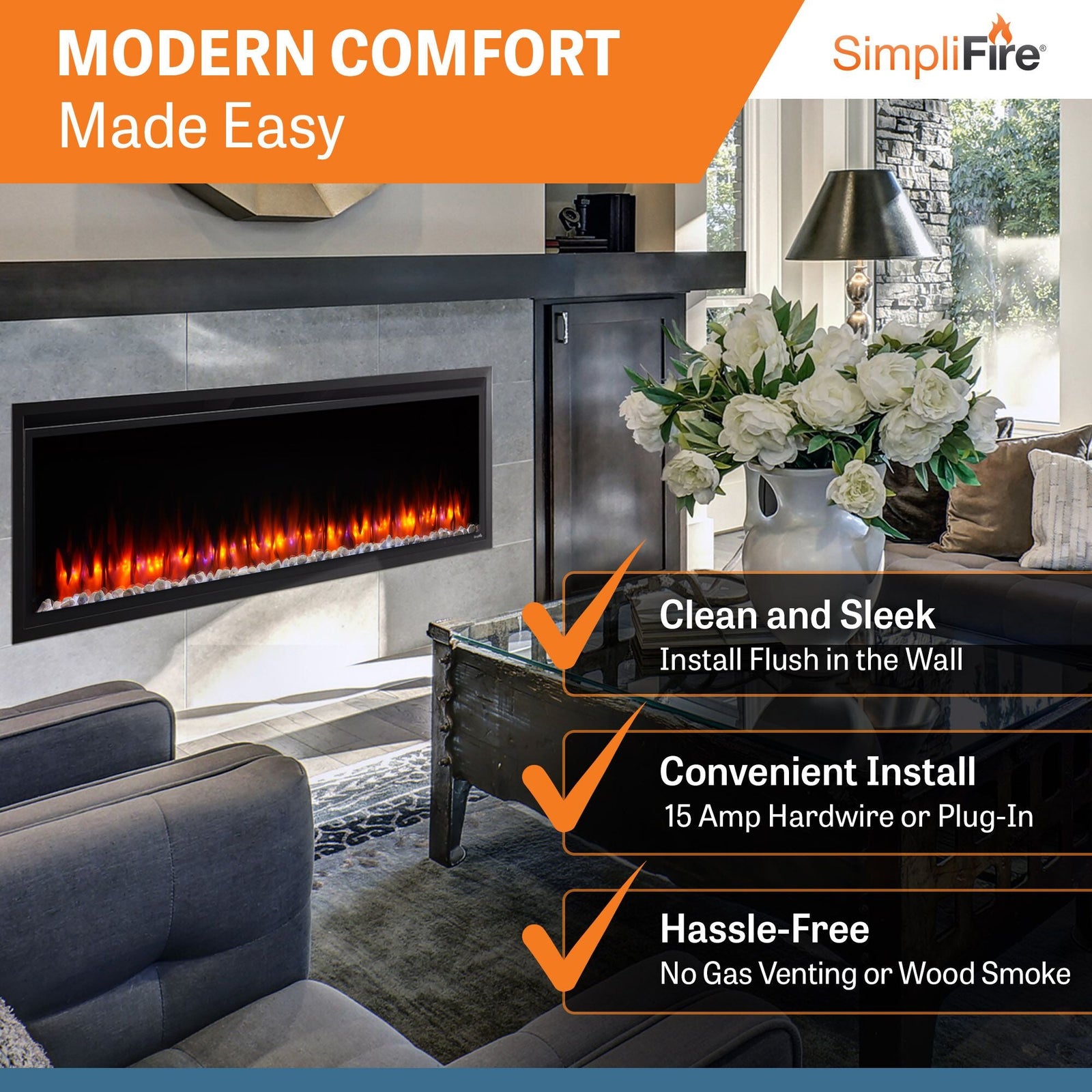 SimpliFire Allusion Platinum 60" Wall Mount/Recessed Linear Electric Fireplace (Model SF-ALLP60-BK)
