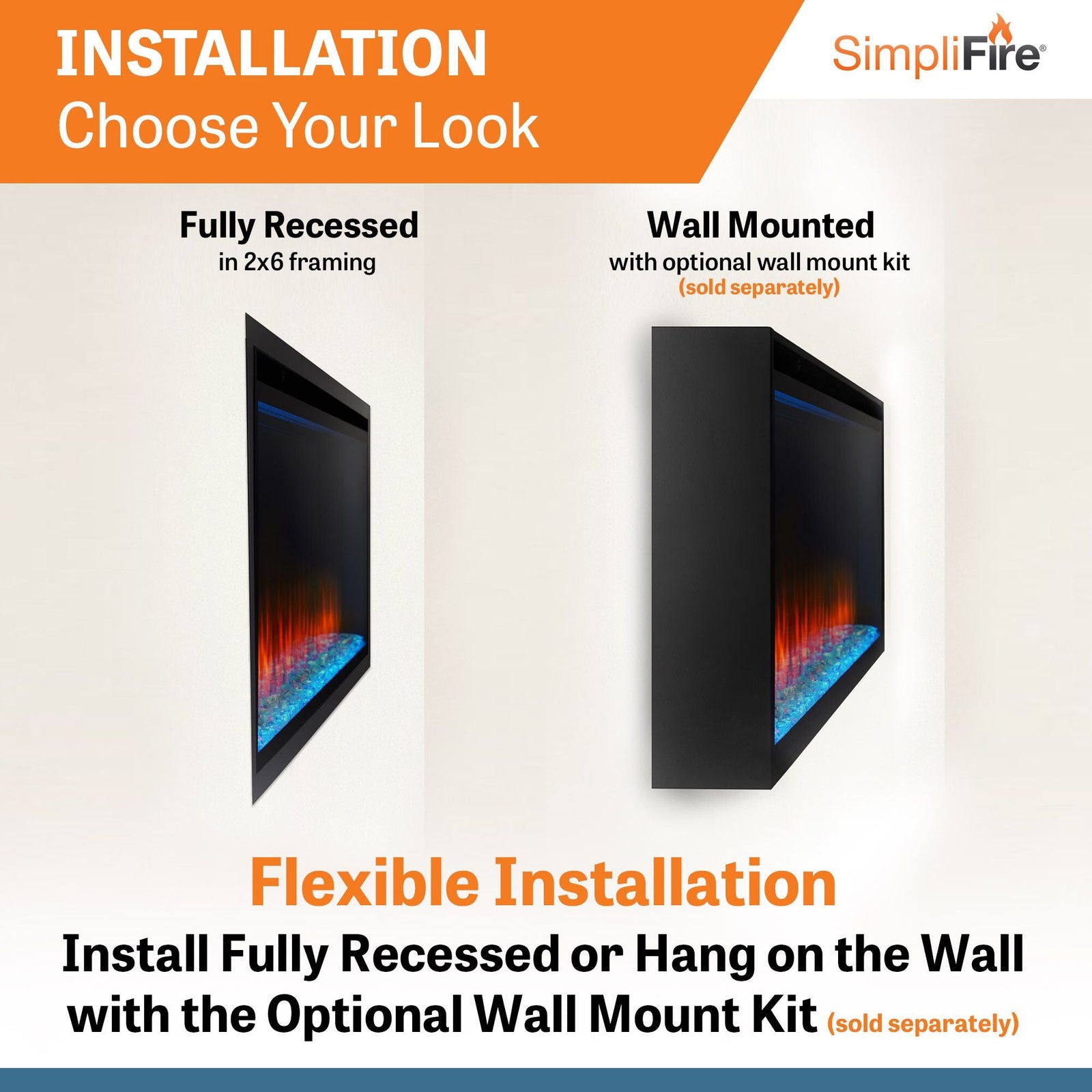 SimpliFire Allusion Platinum 60" Wall Mount/Recessed Linear Electric Fireplace (Model SF-ALLP60-BK)