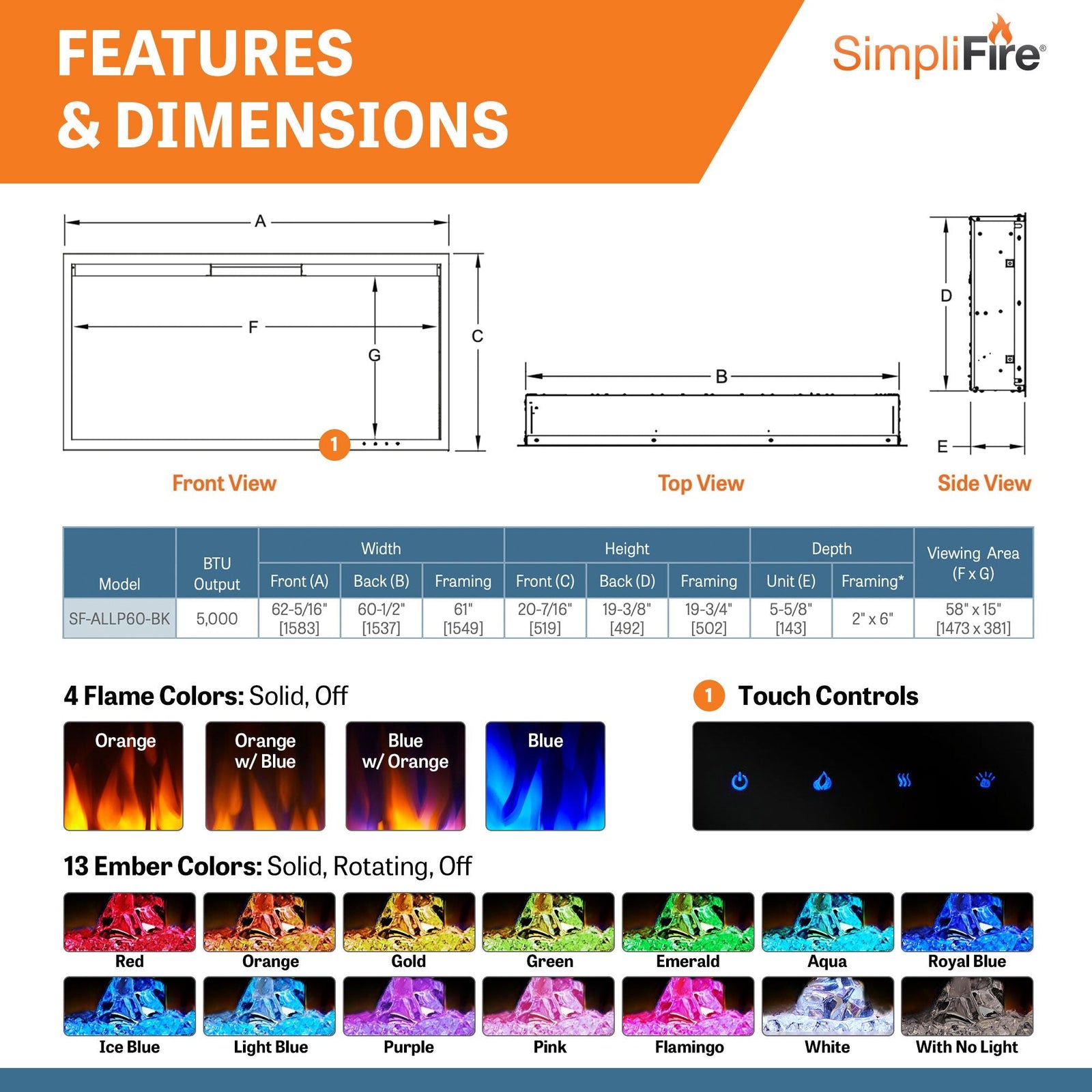 SimpliFire Allusion Platinum 60" Wall Mount/Recessed Linear Electric Fireplace (Model SF-ALLP60-BK)