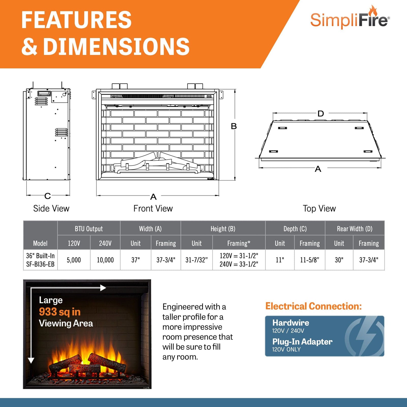 SimpliFire 36" Built-In Electric Fireplace (Model SF-BI36-EB)