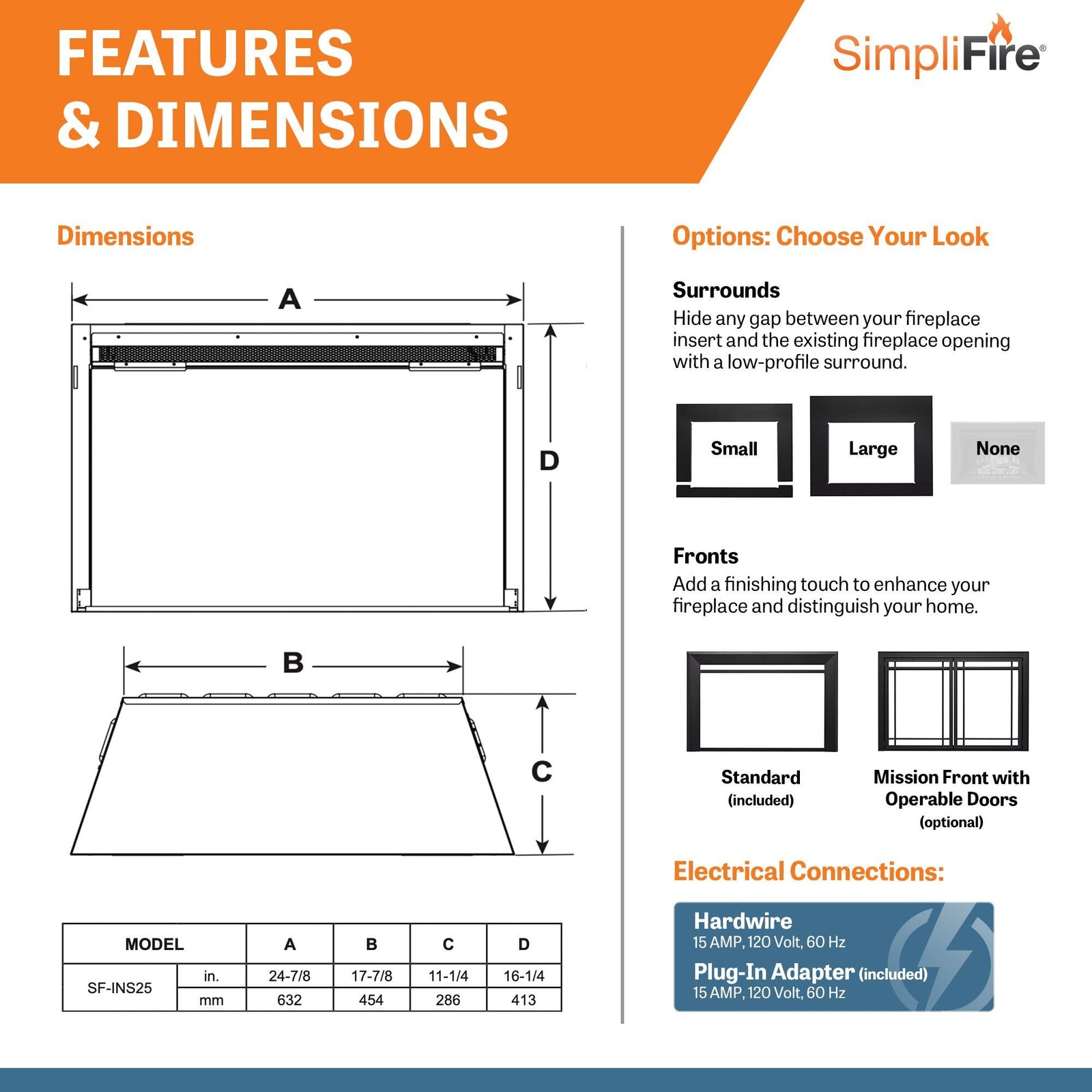 SimpliFire 25" Traditional Electric Fireplace Insert (Model SF-INS25)