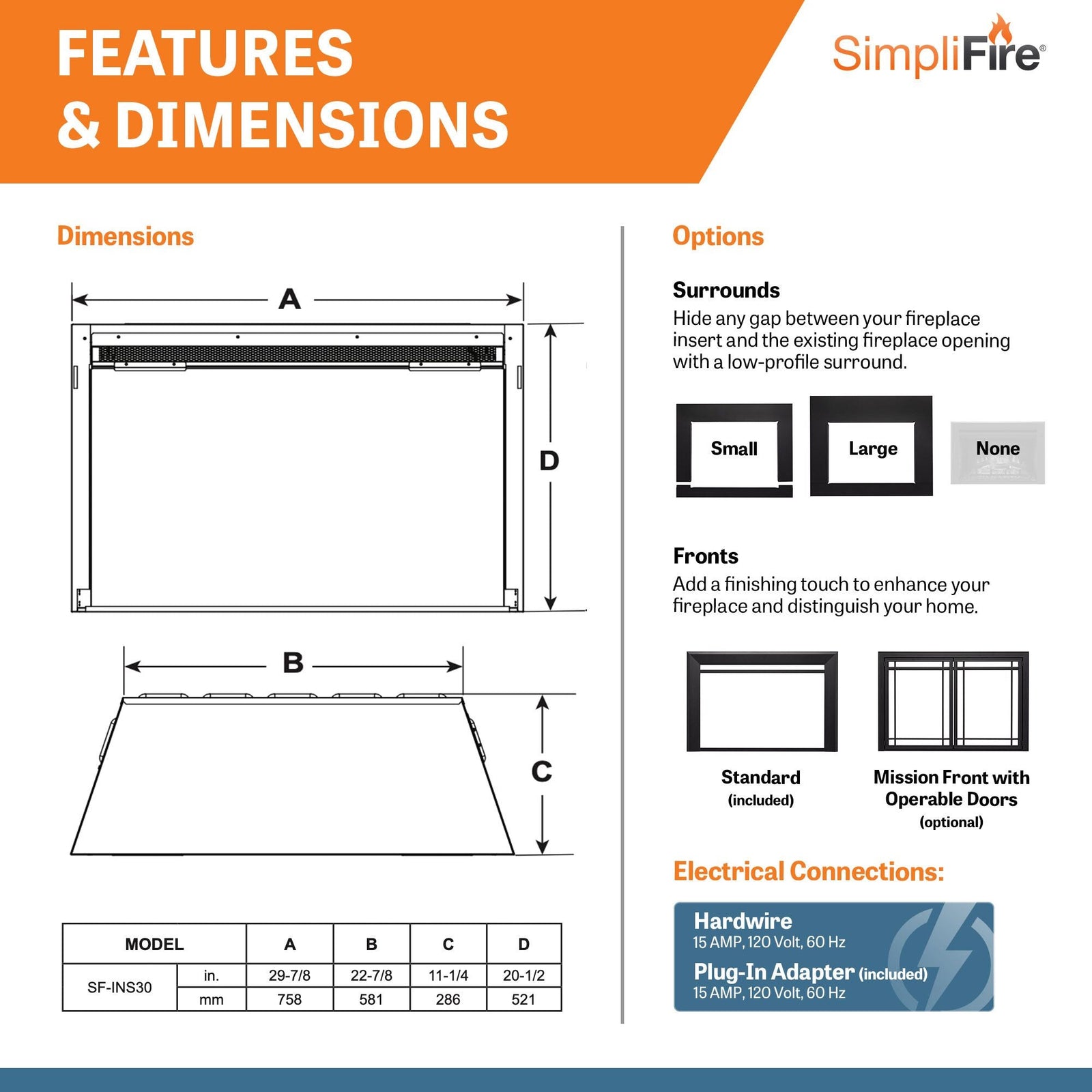 SimpliFire 30" Traditional Electric Fireplace Insert (Model SF-INS30)