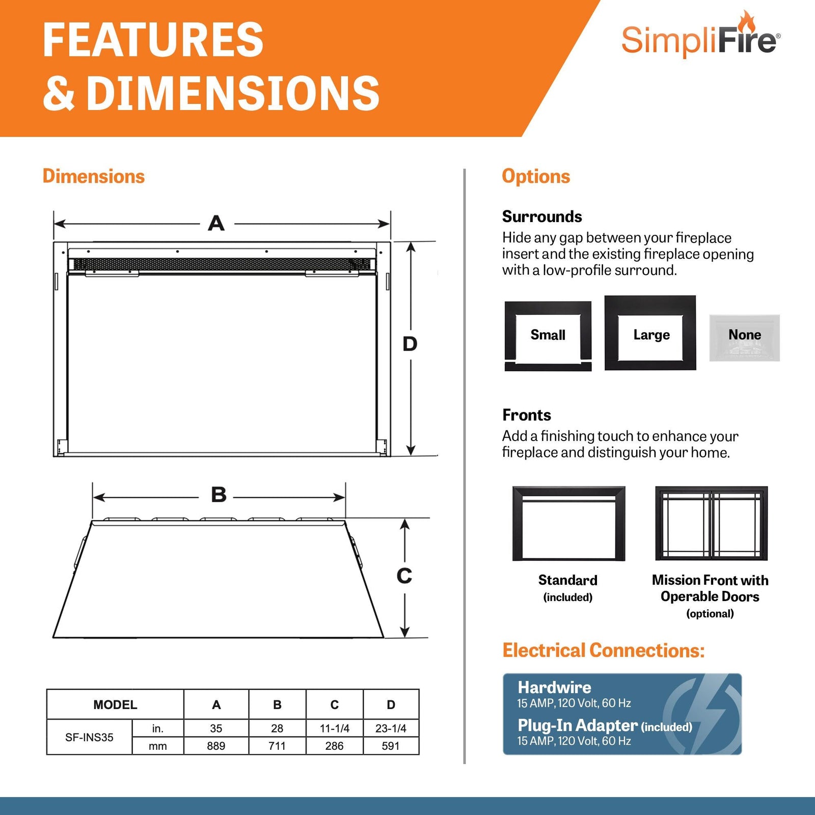 SimpliFire 35" Traditional Electric Fireplace Insert (Model SF-INS35)