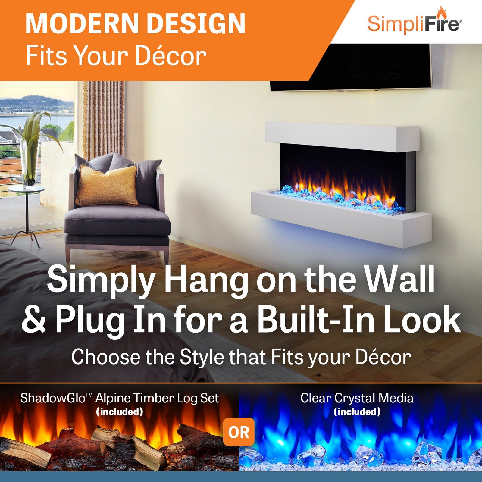 SimpliFire Format 43" Floating Mantel Wall Mount Linear Electric Fireplace (Model SF-FM43-WH)