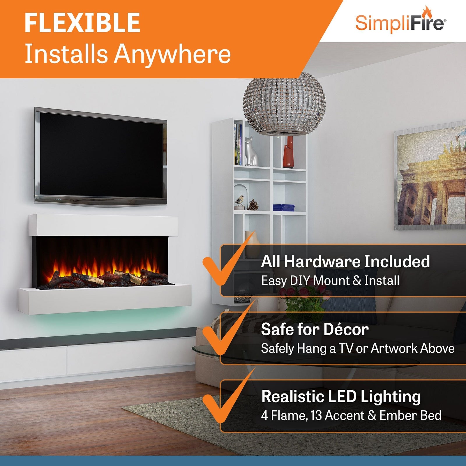 SimpliFire Format 43" Floating Mantel Wall Mount Linear Electric Fireplace (Model SF-FM43-WH)