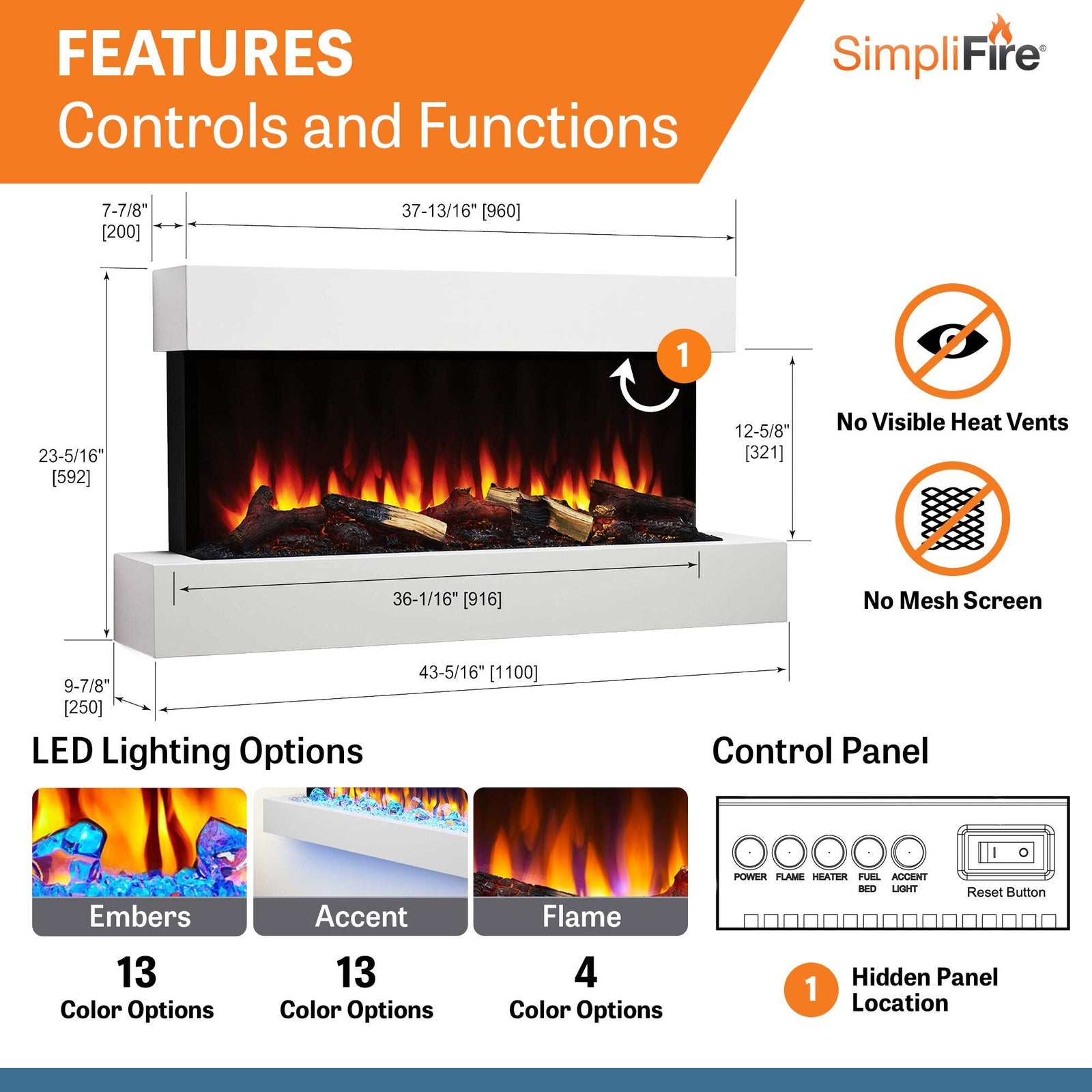 SimpliFire Format 43" Floating Mantel Wall Mount Linear Electric Fireplace (Model SF-FM43-WH)