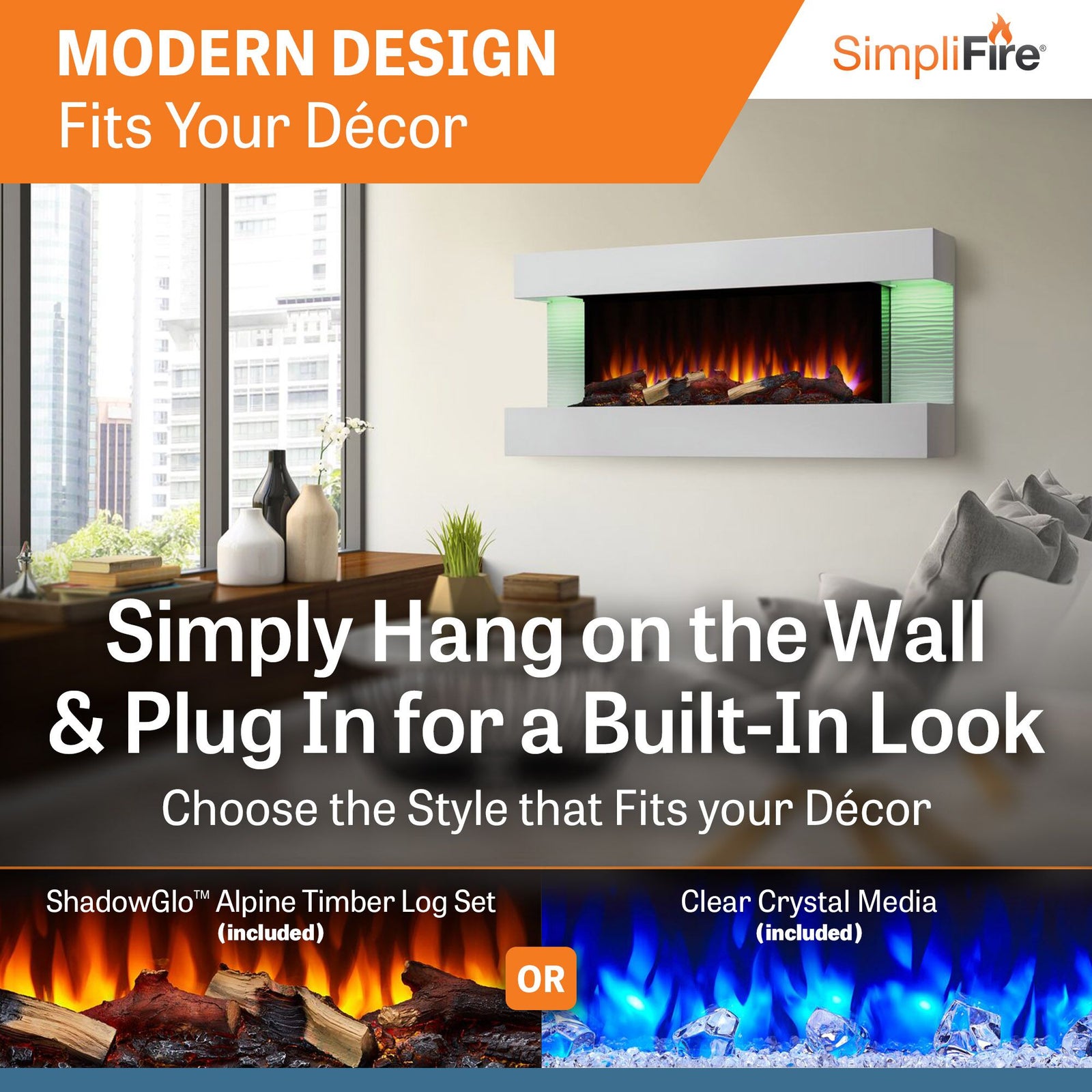 SimpliFire Format 50" Floating Mantel Wall Mount Linear Electric Fireplace (Model SF-FM50-WH)