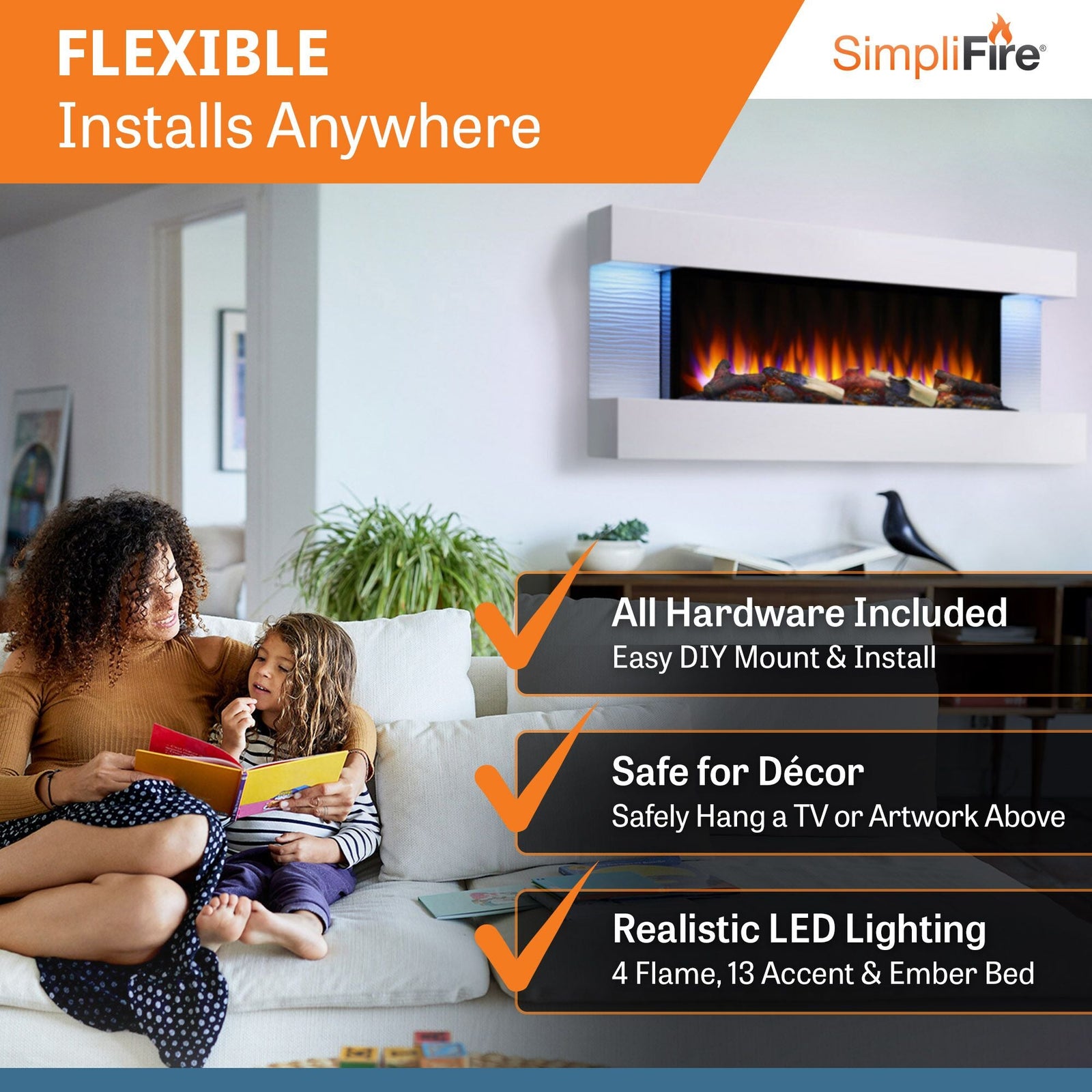 SimpliFire Format 50" Floating Mantel Wall Mount Linear Electric Fireplace (Model SF-FM50-WH)