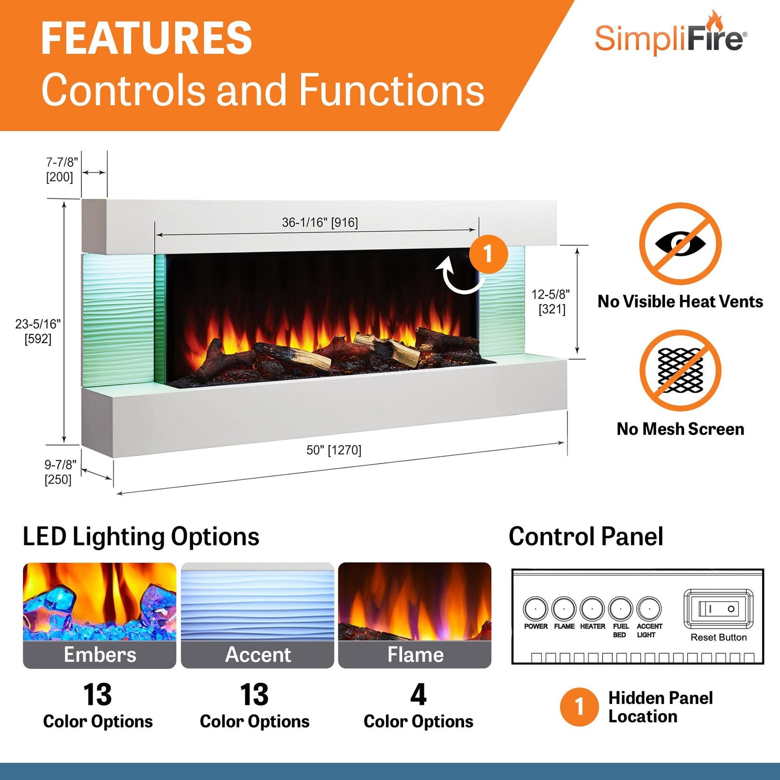SimpliFire Format 50" Floating Mantel Wall Mount Linear Electric Fireplace (Model SF-FM50-WH)