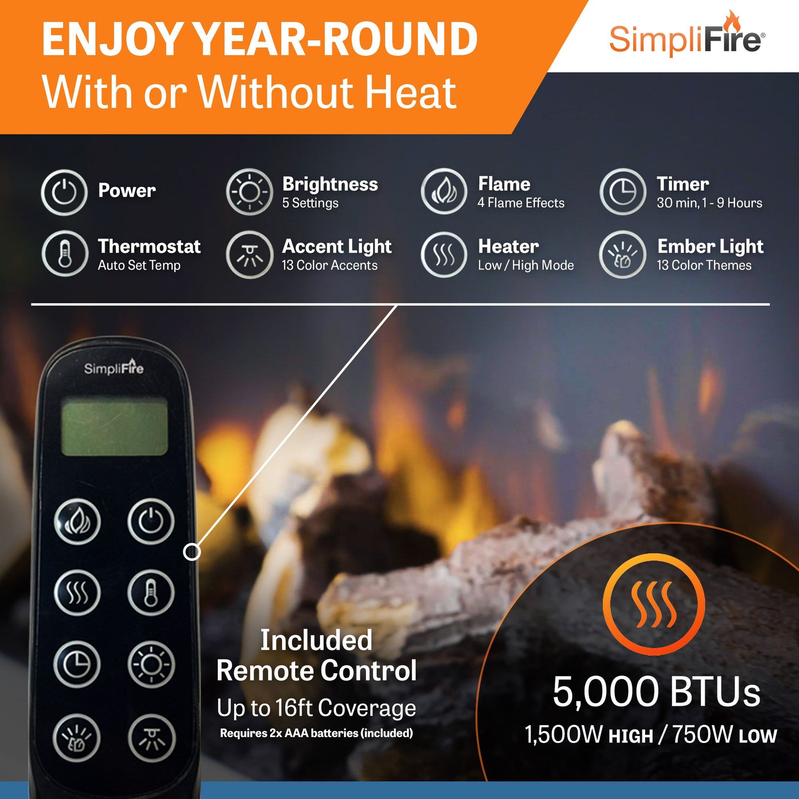 SimpliFire Format 50" Floating Mantel Wall Mount Linear Electric Fireplace (Model SF-FM50-WH)