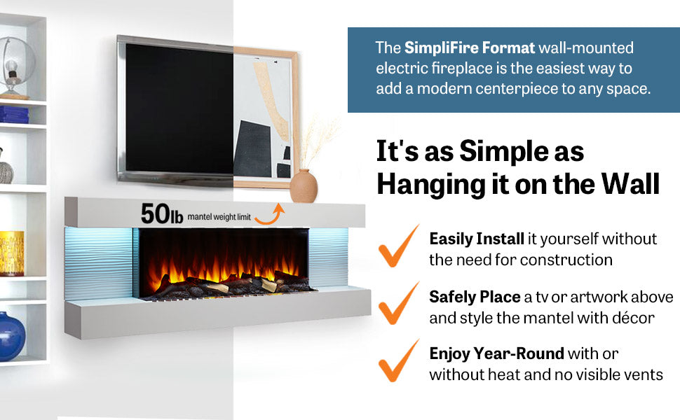 SimpliFire Format 50" Floating Mantel Wall Mount Linear Electric Fireplace (Model SF-FM50-WH)