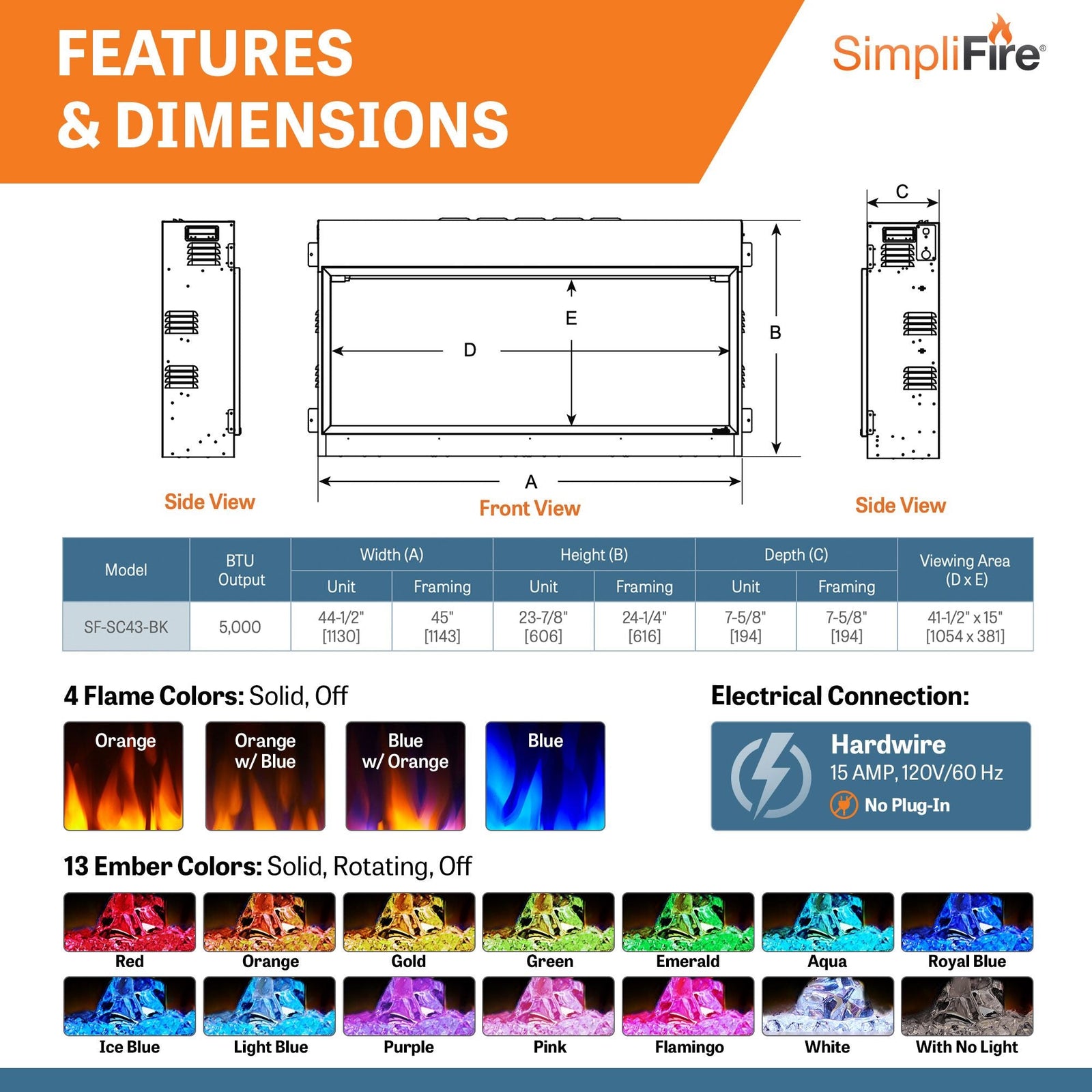 SimpliFire Scion 43" Built-In Linear Electric Fireplace (Model SF-SCN43)