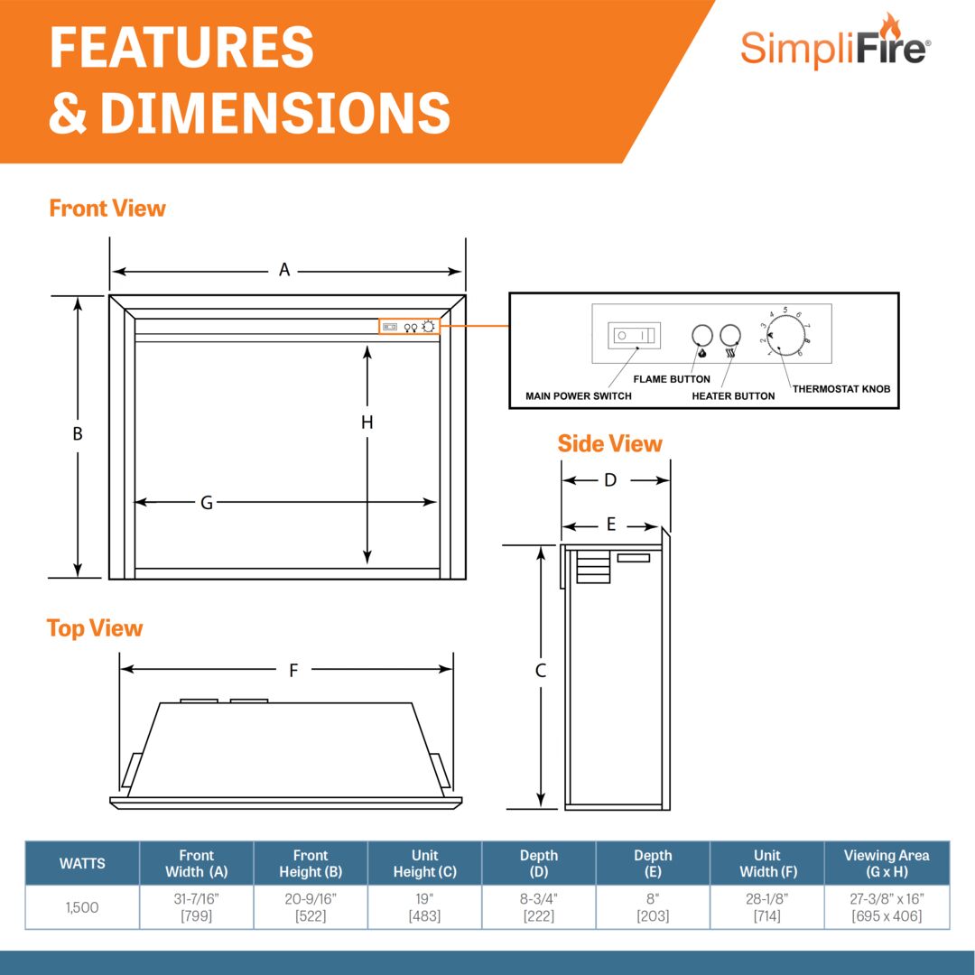 SimpliFire 36" Inception Traditional Electric Fireplace (Model SF-INC36)