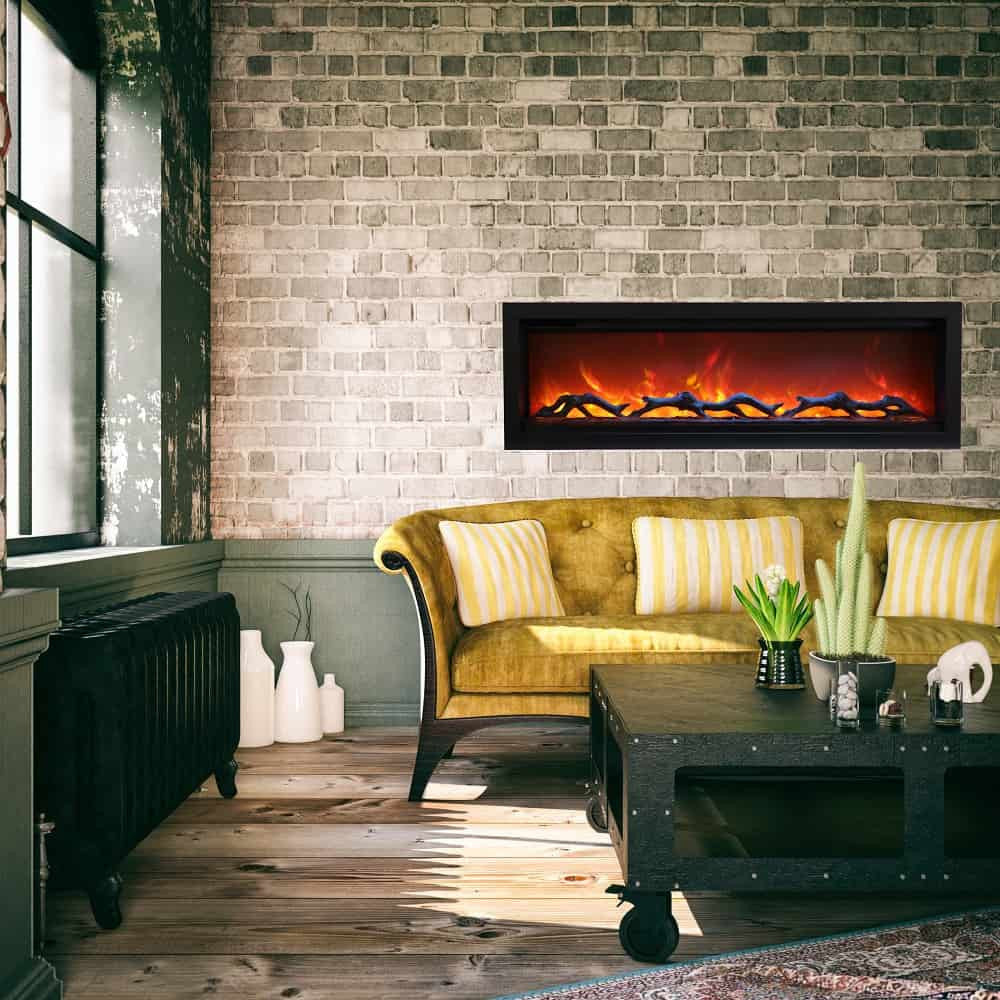 Electric fireplace set into a brick wall in a living room