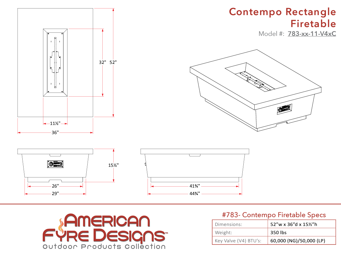 American Fyre Designs Contempo Rectangle Concrete Fire Table