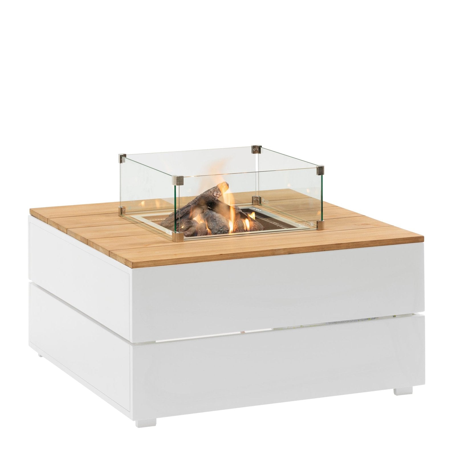 Cosi Cosipure 100 Square Gas Fire Pit Table, White Aluminum with Teak Top