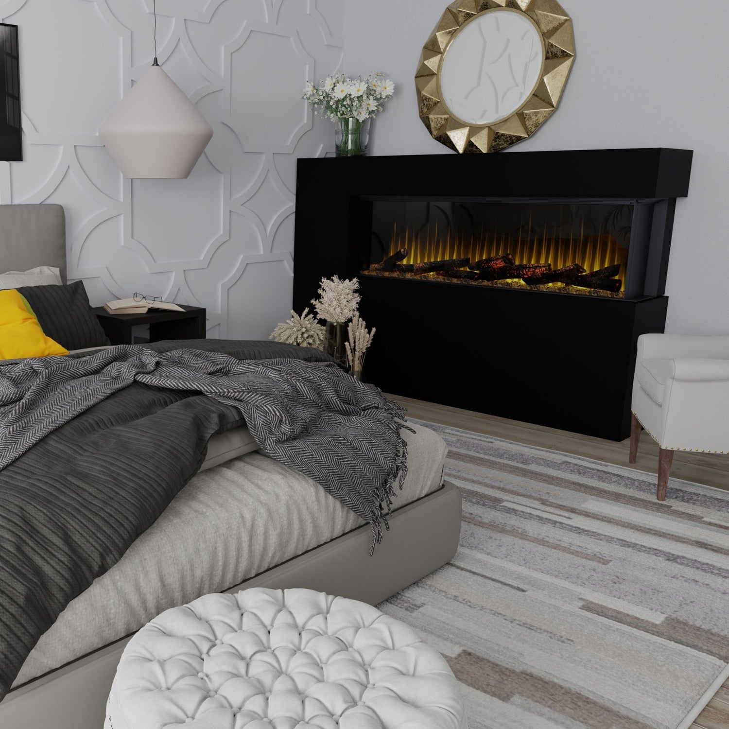 Wall-mounted electric fireplace in a modern bedroom
