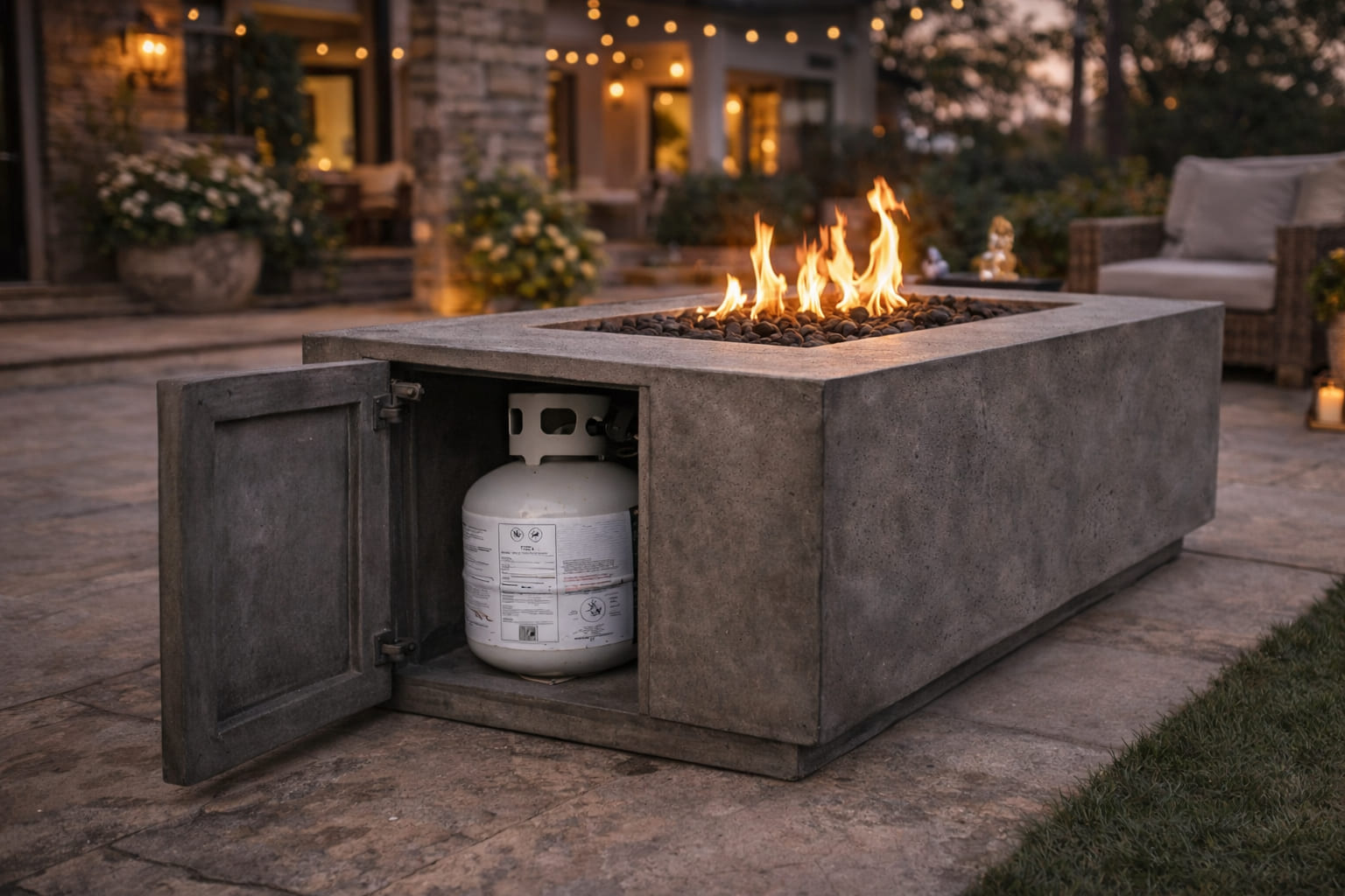 Prism Hardscapes concrete fire table burning on a stone patio at dusk