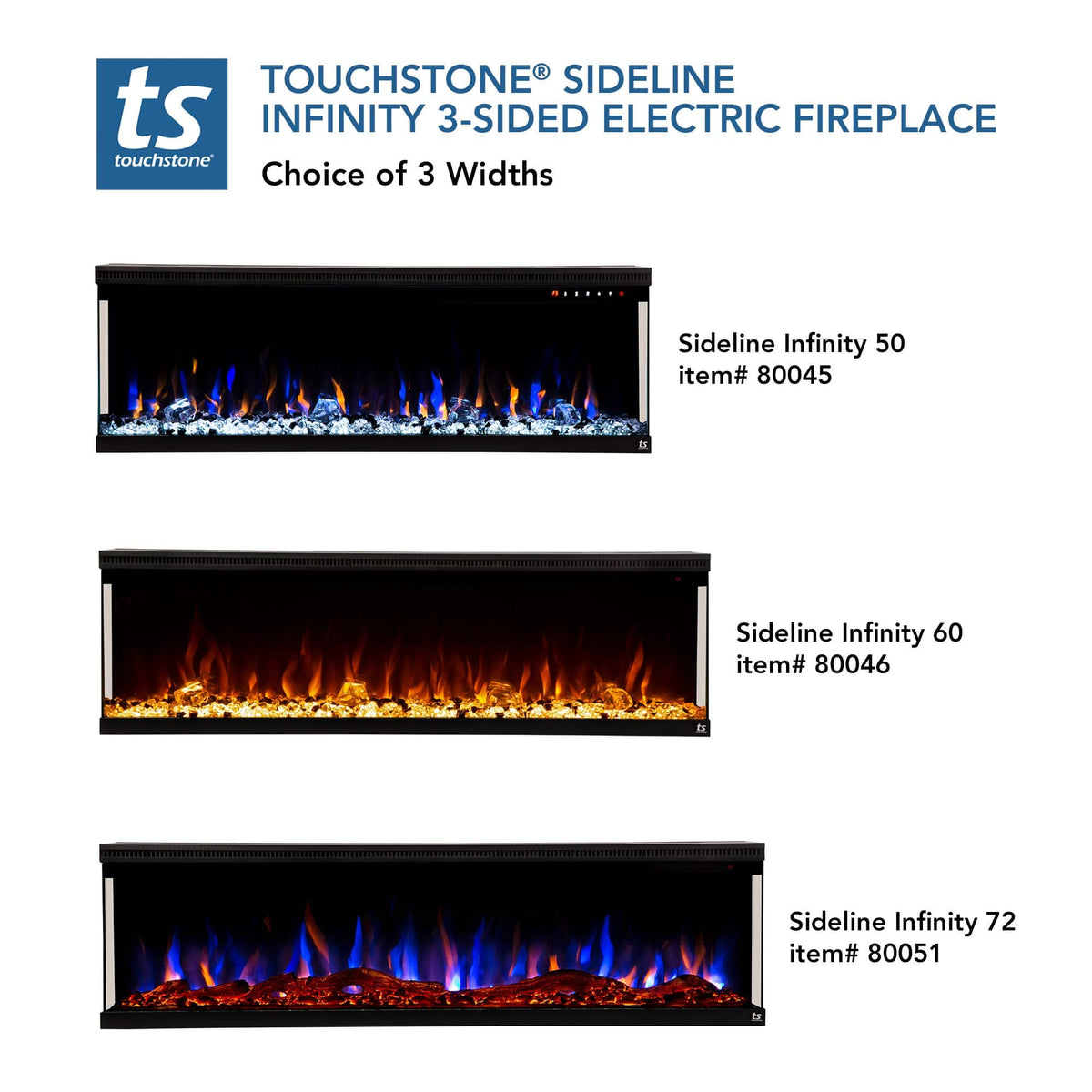 Touchstone Sideline Infinity Pro 50" 3-Sided WiFi Smart Recessed Electric Fireplace (Model 80045)